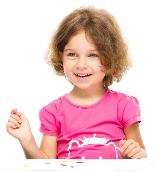 Little girl is painting with gouache — Stock Photo, Image