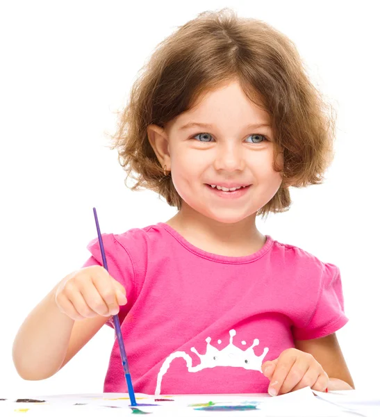 Little girl is painting with gouache — Stock Photo, Image