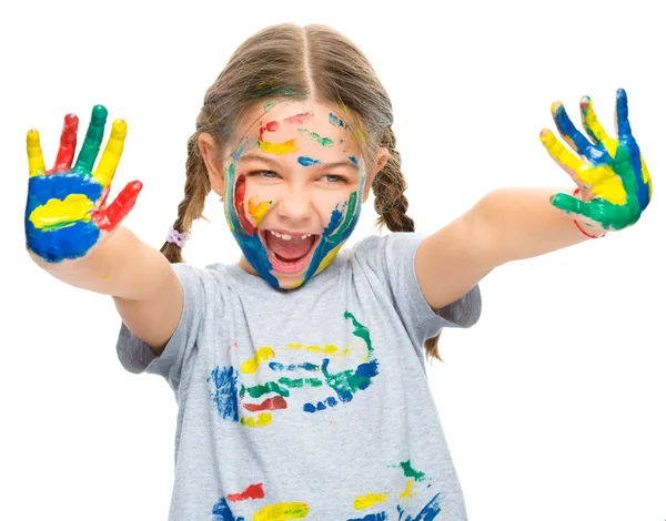 Portrait of a cute girl playing with paints — Stock Photo, Image