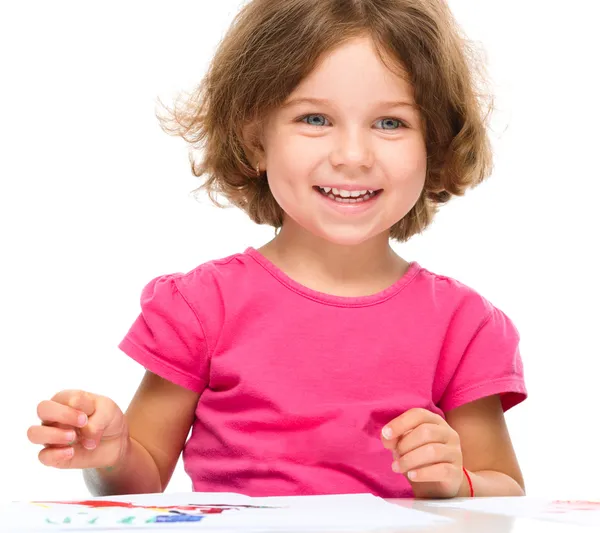 Little girl is painting with gouache — Stock Photo, Image