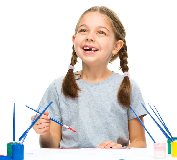 Little girl is painting with gouache — Stock Photo, Image