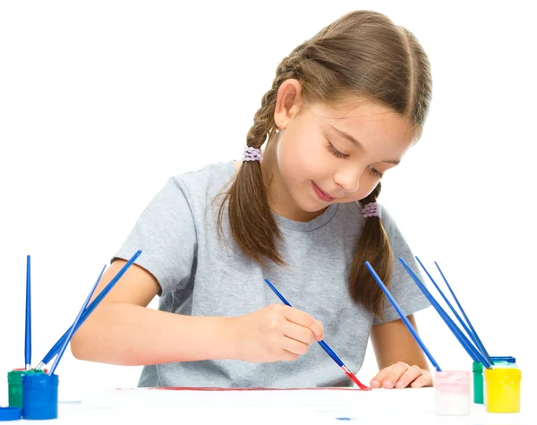 Little girl is painting with gouache — Stock Photo, Image