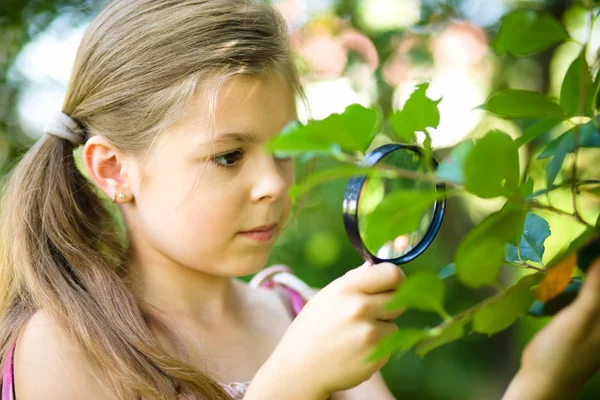 La fille regarde les feuilles d'arbre à travers la loupe — Photo