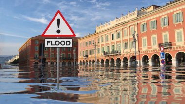 Suyun altındaki eski binalarla dolu bir şehir. FLOOD yazan bir tabela. İklim değişikliği ve çevre felaketi. Mavi gökyüzü arka planı. Değiştirilmiş resim.