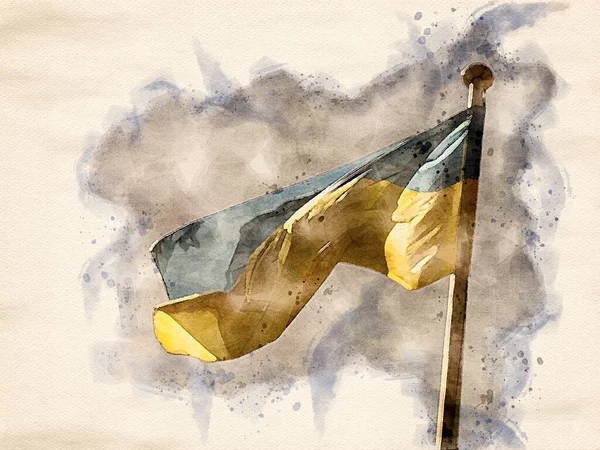Akvarell Festmény Ukrán Zászló Integetett Szélben — Stock Fotó