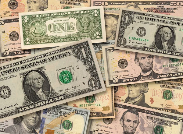 Zavřít Pozadí Amerických Dolarů Bankovek Dolary Různých Měnách — Stock fotografie