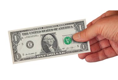 Hand holding one dollar bill. Image isolated on white background.