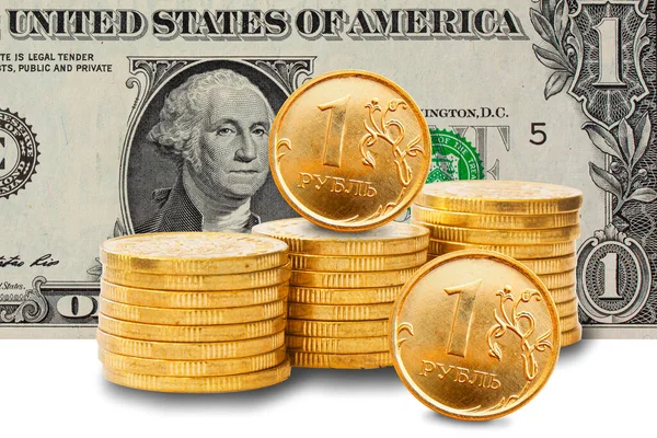 Stacks One Rouble Golden Coins Big Dollar Bill Background Isolated — Stockfoto