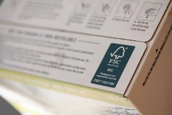 Fsc Forest Stewardship Council Logotype Printed Cardboard Package 100 Percent — ストック写真