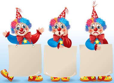Clown with blank paper in different moods clipart