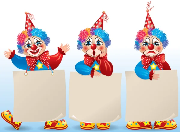 Clown with blank paper in different moods — Stock Vector