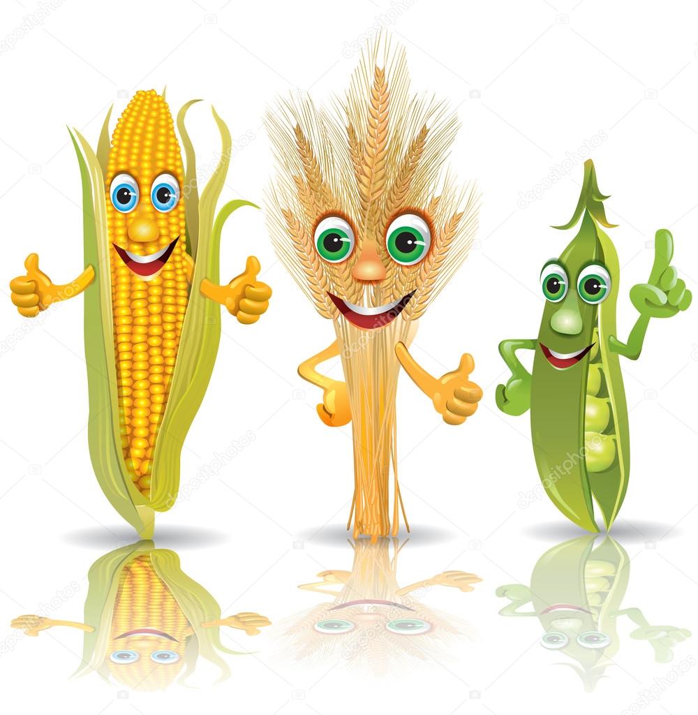 Funny vegetables, corn, ears of corn, peas