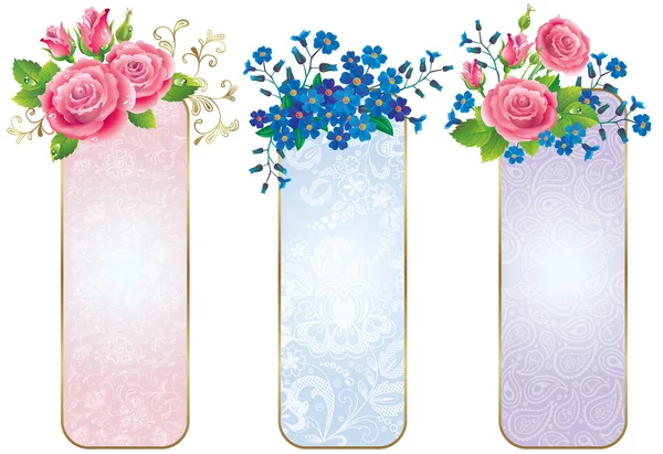 Banners de flores rosas e esquecer-me-não —  Vetores de Stock