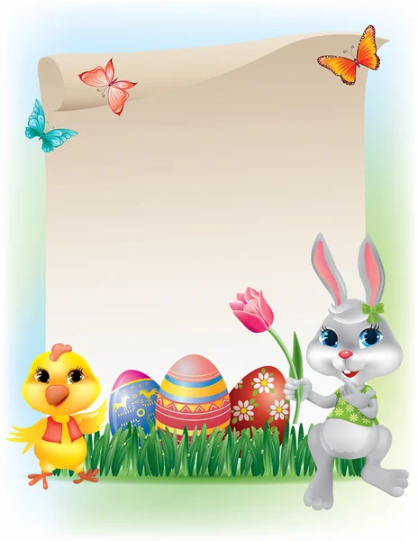 Easter background with bunny and chicken — Stock Vector