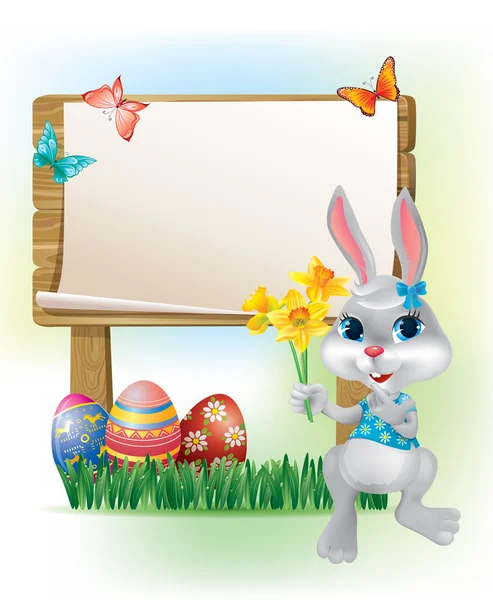 Wooden sign with Easter Bunny — Stock Vector