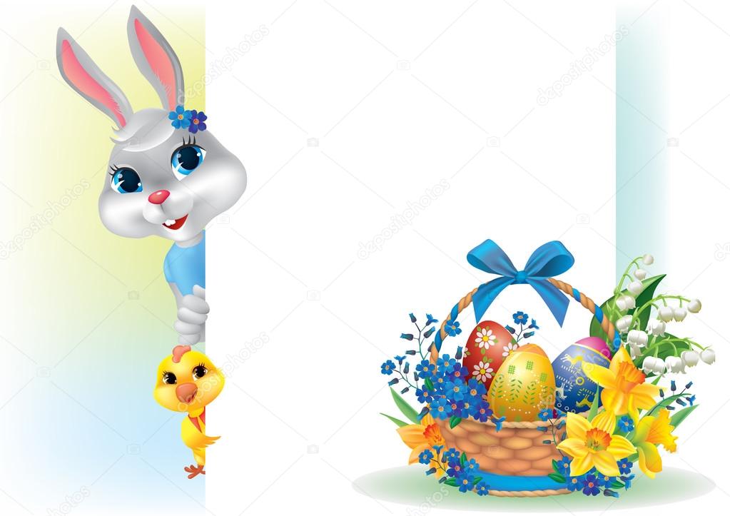 Easter background with rabbit chicken and basket