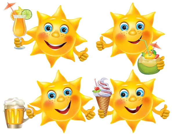 Funny sun with cool drinks and desserts — Stock Vector