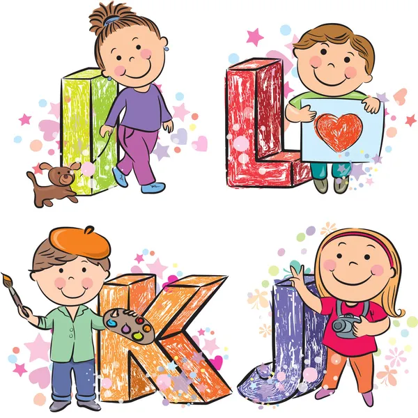 Funny alphabet with kids IJKL — Stock Vector