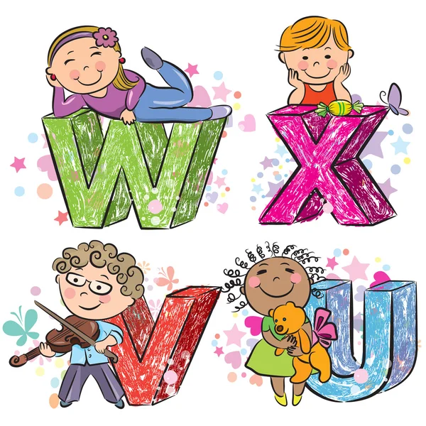 Lustiges Alphabet mit Kindern vwxu — Stockvektor