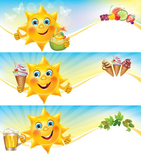 Sol divertido com sorvete e bebidas frescas banners horizontais — Vetor de Stock