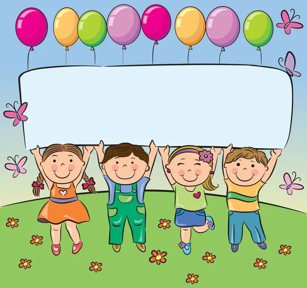 Sommerkinder halten leeres Banner hoch — Stockvektor