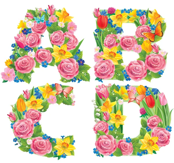 Alfabeto dei fiori ABCD — Vettoriale Stock