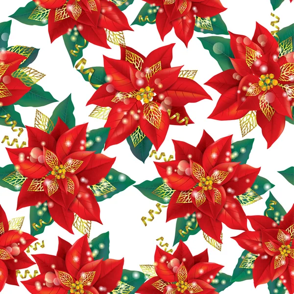 Patrón sin costuras de Navidad Poinsettia con decoraciones doradas — Archivo Imágenes Vectoriales