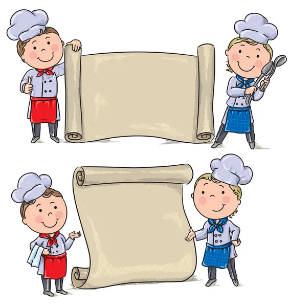 Two funny kids cook with banner scroll — Stock Vector