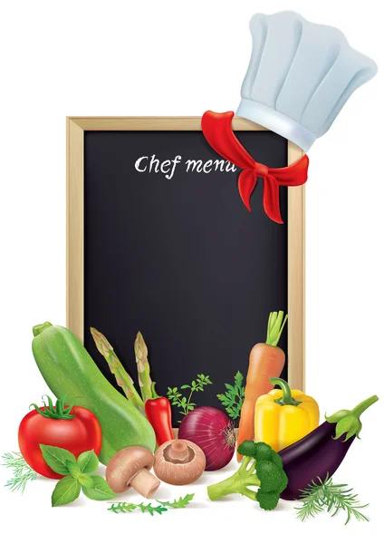 Chef menu board and vegetables — Stock Vector