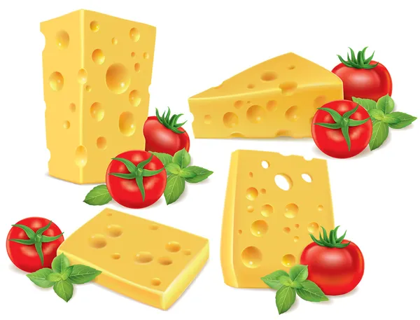 Fromage, tomates cerises, basilic — Image vectorielle