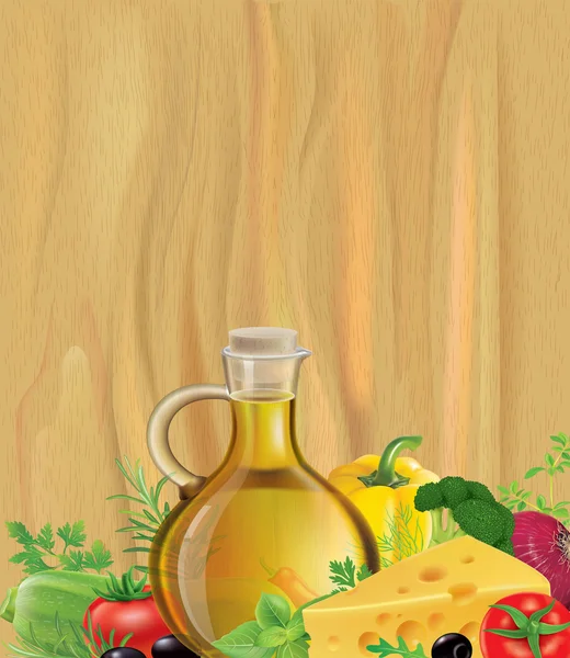 Овощи, оливковое масло, дерево — стоковый вектор