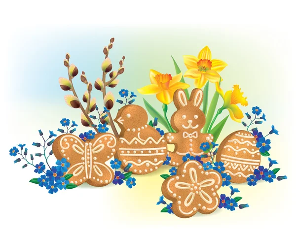 Composição de Easter de biscoitos e flores — Vetor de Stock