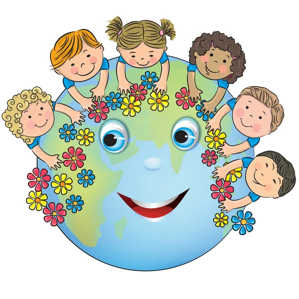 Niños abrazando el planeta Tierra — Vector de stock