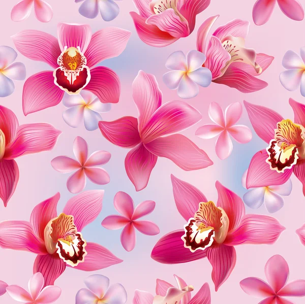 Seamless pattern with orchids and frangipani — Stock Vector