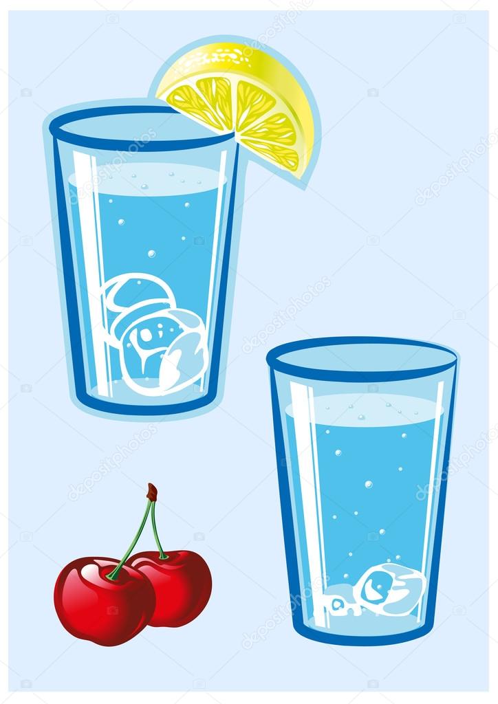 Glass of water with lemon and cherry