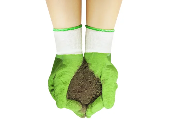 Twee handen in handschoenen met bodem — Stockfoto