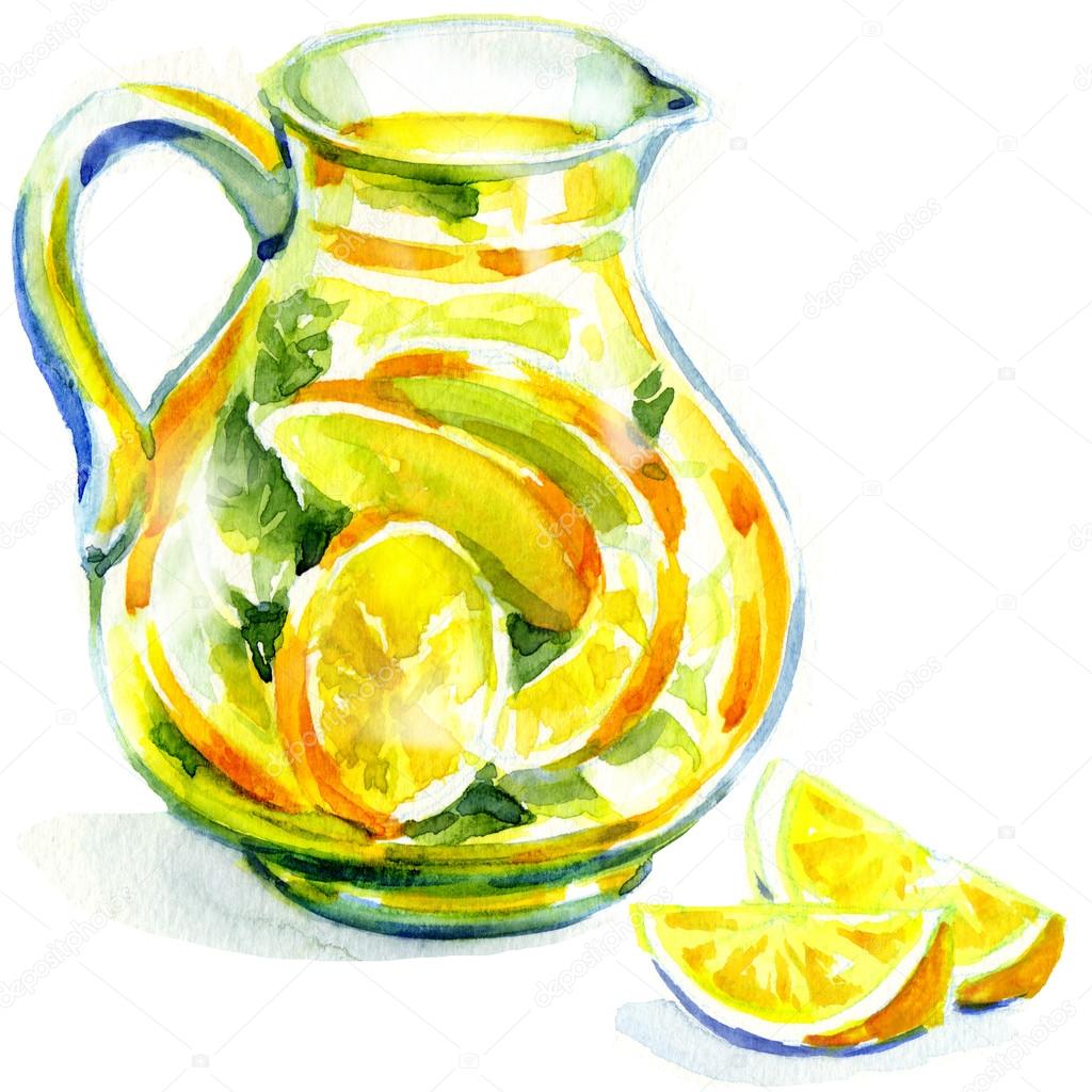 Jug of lemonade with mint. watercolor painting Stock Photo by ©deslns