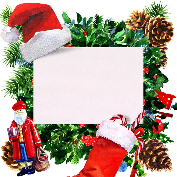 Cartão de férias com decoração de Natal, chapéu de Papai Noel e brinquedo, meia com bastões de doces, galhos de pinho e cones. Modelo para cartão, convite, cartaz, ilustração aquarela desenhada à mão — Fotografia de Stock