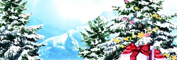 Wesołych Świąt sztandar z pudełka, choinka. Zimowy las ze śniegiem. Plakat poziomy, kartka okolicznościowa, nagłówek, strona internetowa. Nowy Rok dekoracji, ręcznie rysowane akwarela ilustracja — Zdjęcie stockowe
