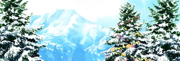 Buon Natale striscione con albero di Natale. Bosco invernale con neve, panorama. Poster orizzontale, biglietto di auguri, intestazione, sito web. Decorazione di Capodanno, illustrazione ad acquerello disegnata a mano — Foto Stock