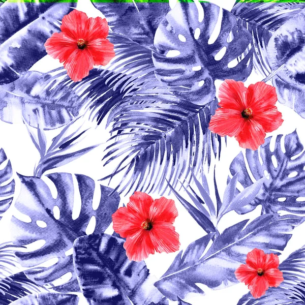 Tropische patroon met monstera blad palmbladeren, paradijsvogel, hibiscus bloem, zomer kleurrijke naadloze patroon behang, zomer print ontwerp, hand getekende aquarel illustratie op wit — Stockfoto