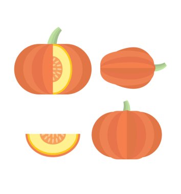 Balkabağı seti, yarım dilimlenmiş sebze Cadılar Bayramı ya da Şükran Günü için kabak, beyazlar içinde soyutlanmış. Vektör illüstrasyonu, simge, çizgi film düz stili, paket tasarım ögesi