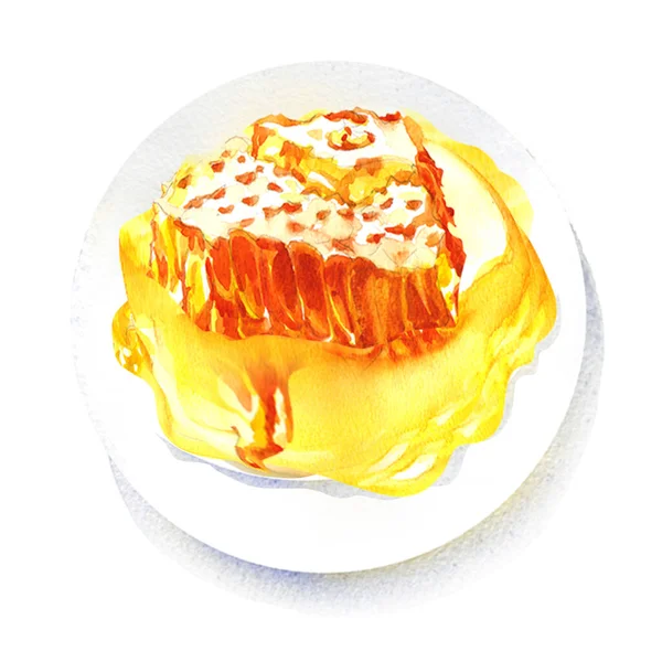 Süße Dessertwaben mit flüssigem Honig auf weißem Teller, isoliert, handgezeichnete Aquarell-Illustration auf weiß — Stockfoto