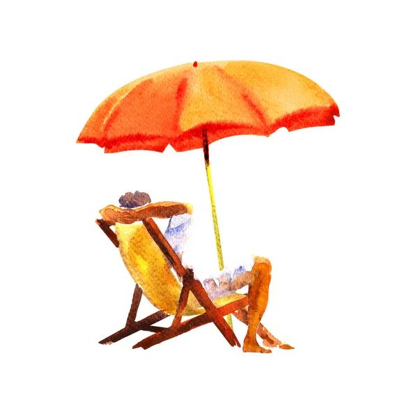 L'homme repose sur une chaise longue sous parapluie, vacances d'été, se détendre, vacances et Voyage concept, isolé, dessin à la main illustration aquarelle sur blanc — Photo