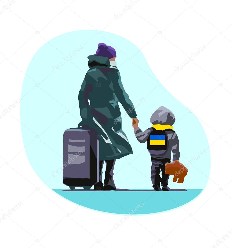 Refugees from Ukraine. Women and children are fleeing the war in Ukraine, Russian aggression against Ukraine. Ukrainian refugee leave the country. Vector illustration