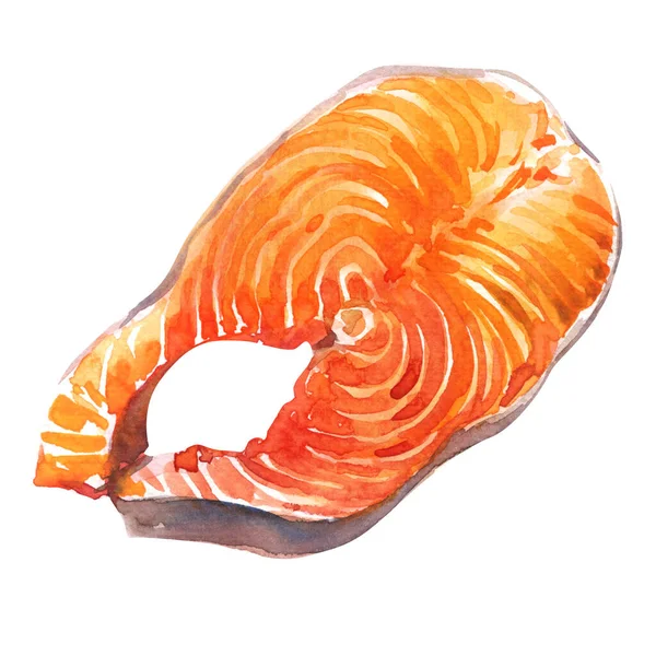 サーモンステーキ 新鮮な生の赤魚のスライス 魚介類 白を基調としたクローズアップ パッケージデザイン要素 孤立した手描きの水彩イラスト — ストック写真
