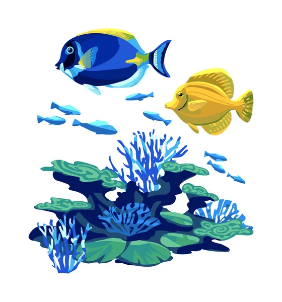 Oceanic Coral Reef Blue Yellow Fishes Tropical Seaweed Corals Sea — Stock vektor