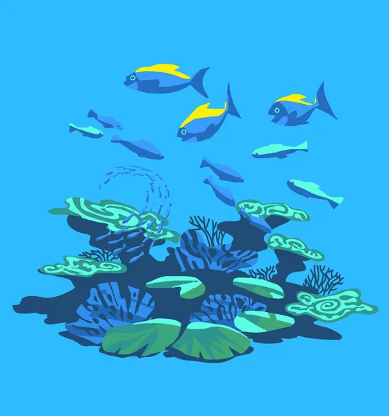 Oceanic Coral Reef Blue Yellow Fishes Tropical Seaweed Corals Sea — Stock vektor