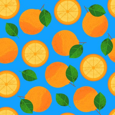 Fresh orange with leaves, seamless pattern on blue background. Whole ripe orange with slice and green leaf, juicy exotic citrus fruit, organic healthy food concept. Vector illustration, summer pattern