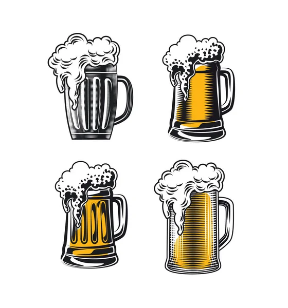Verres Tasses Bière Set Encre Croquis Dessiné Main Gravure Vintage — Image vectorielle